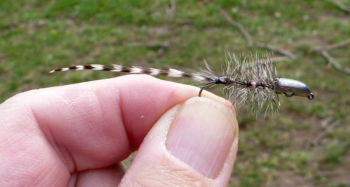 Angler holding a streamer fly tied on a JH-85 jig head
