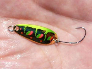 Daiwa Crusader Green Parr spoon in an angler's hand