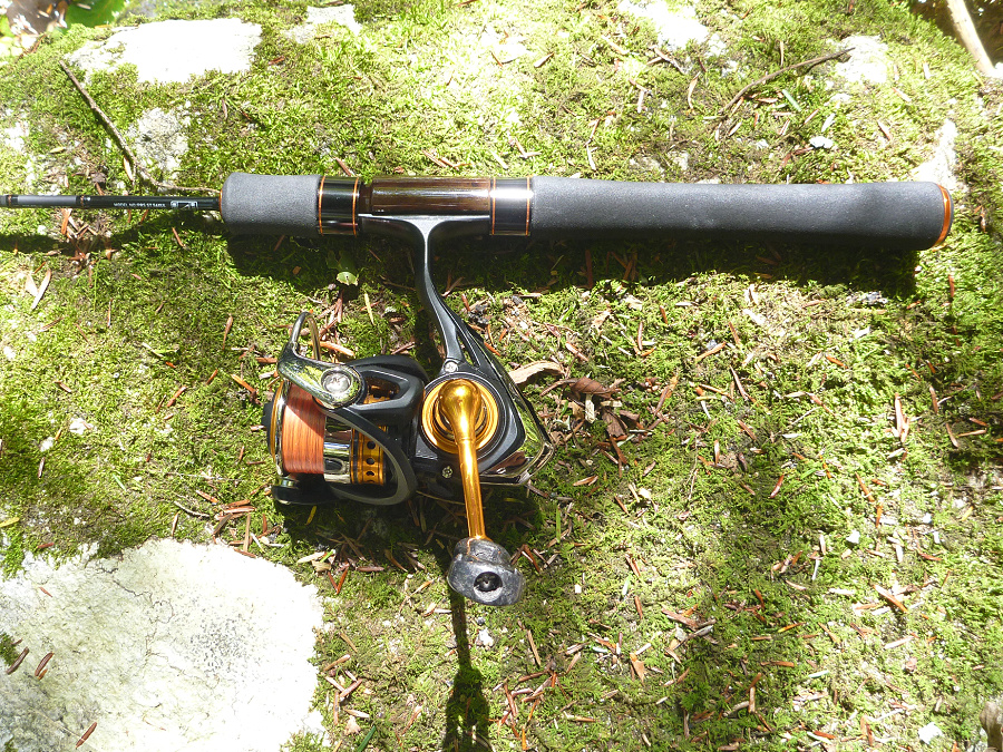 Daiwa Presso ST rod and Daiwa Iprimi 103 reel on mossy rock.