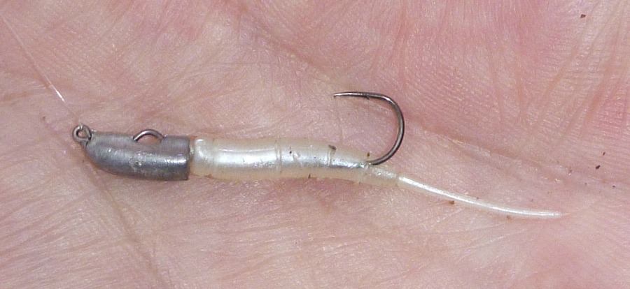 C'ultiva jig head and small soft plastic "pinworm,"