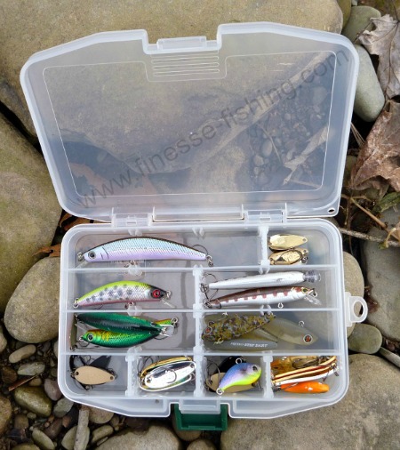 Meiho Fly Case F holding a collection of lures.
