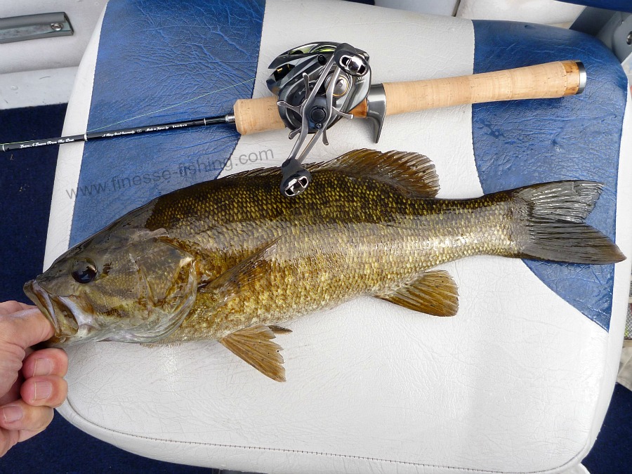 Tenryu Rayz RZ53UL-BC and Shimano Aldebaran BFS XG with smallmouth bass on boat seat