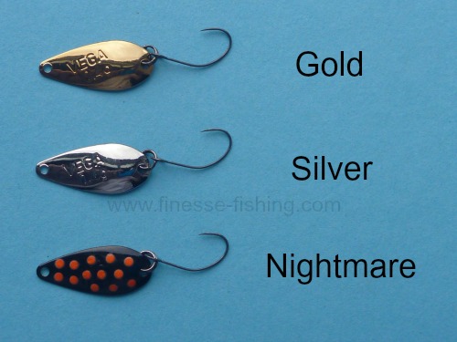 Three Daiwa Presso Vega Spoons, Gold, Silver and Nightmare.