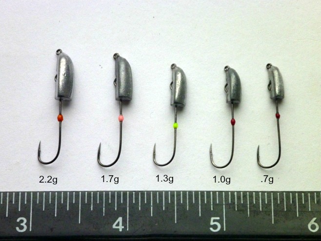 JH-85 jig heads come in 5 weights, 2.2 grams, 1.7 grams. 1.3 grams, 1 gram. .7 gram