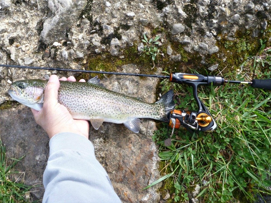 Angler holding rainbow trout caught with fly tied on jig head.